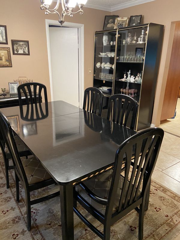 Dining room set Black Lacquer Table, leaf, 6 chairs, China