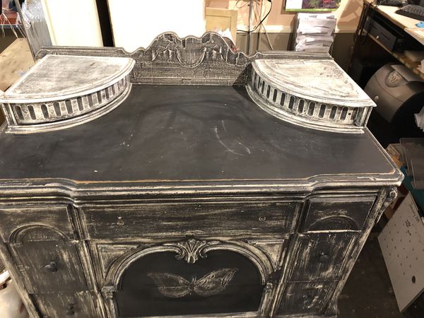 Distressed Rustic Black Chalk Painted Dresser For Sale In