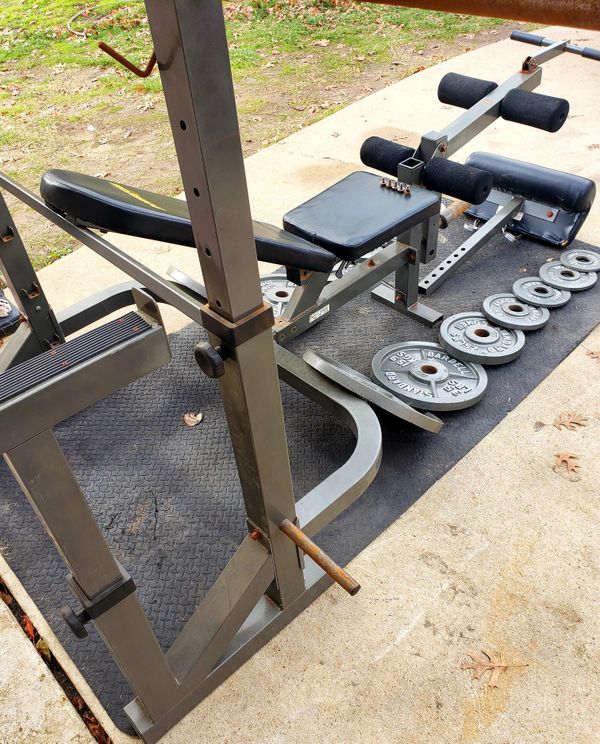 300 POUND WEIGHT SET, OLYMPIC BAR, PREACHER CURL ATTACHMENT, LEG RAISE
