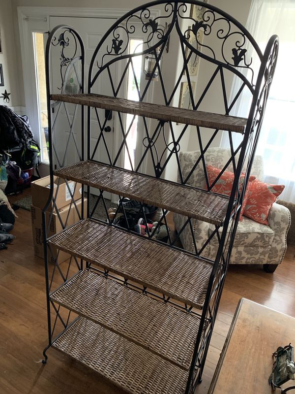 Farmhouse 5-Shelf Foldable Baker’s Rack - Wrought Iron & Wicker (3 ...