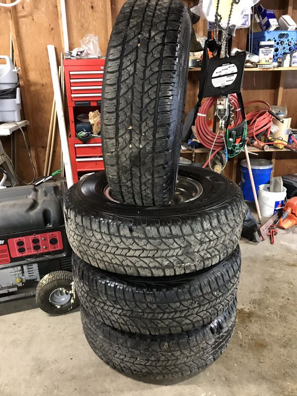 Les Schwab tires Terramax H/T. Size LT265/75R16 rims fit late 90’s f250 ford 3/4 ton truck