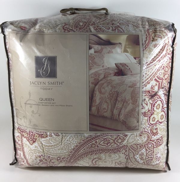 Jaclyn Smith Today Queen Comforter Set Red Tan White Floral Bed Cover ...