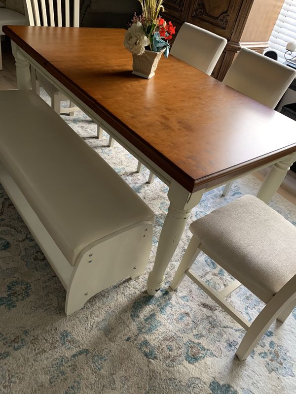 Modern shabby chic white distressed farmhouse kitchen dining table with off white leather bench ...