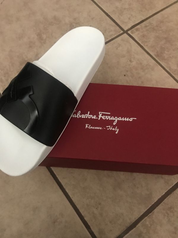 white ferragamo slides