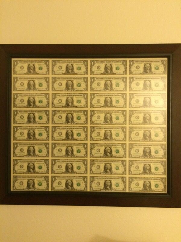 Frames uncut 1 bills Money sheet art decoration for Sale in Chandler