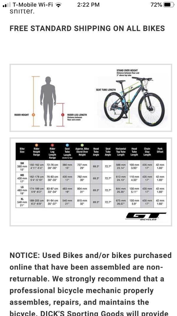 gt bicycles size chart