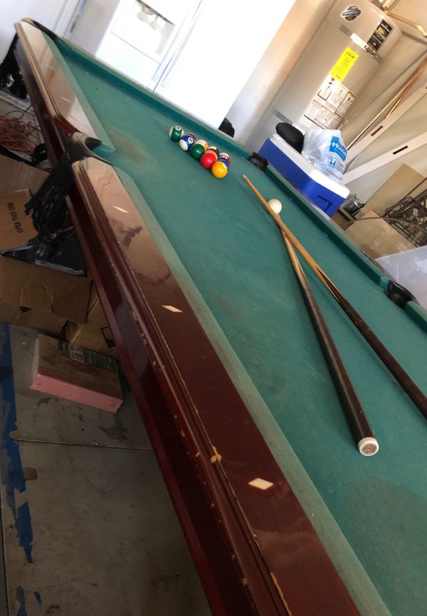125 !! Vintage Brown Wood Pool Table + Balls & Sticks for Sale in