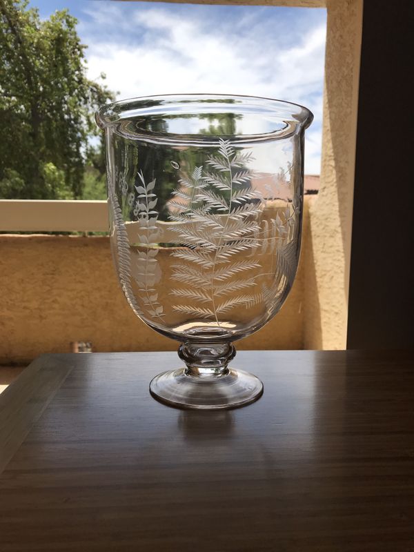 Vintage Hand Etched Glass Hurricane Candle Decor Holder Centerpiece for