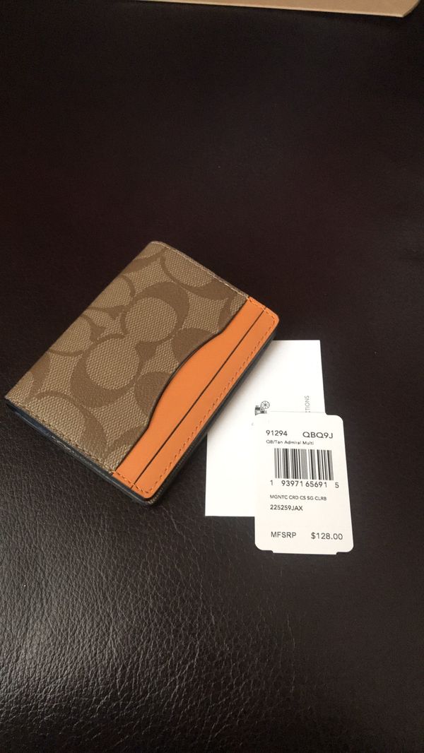 NWT COACH CARD CASE SIGNATURE COLORBLOCK 91294 Tan / Admiral