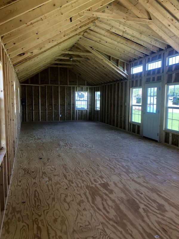 16 x 44 Chalet Series Cabin Shell on display at Leland's Barns & Sheds