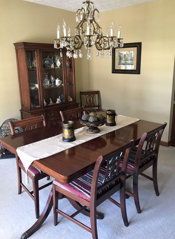 Antique mahogany dining room set. Table with leaf, pad, 6 chairs ...