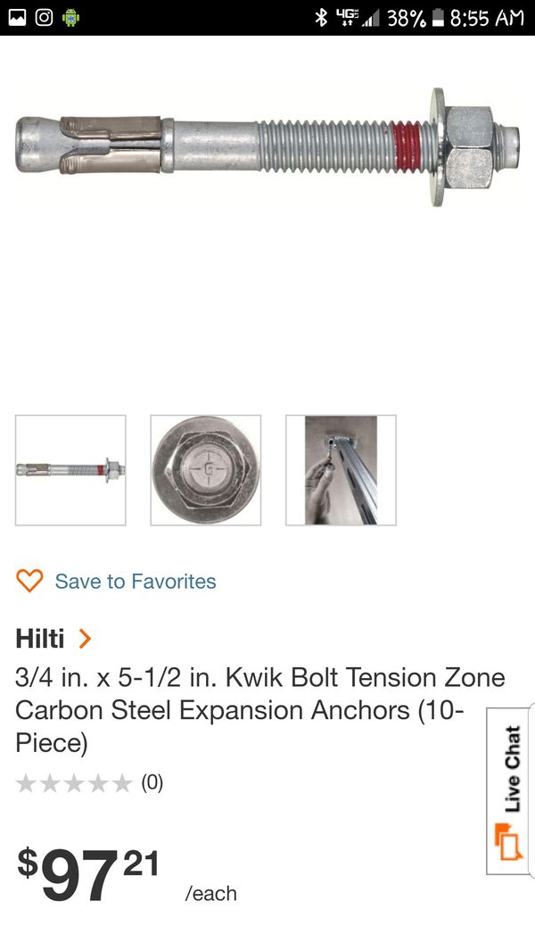 Kwik Bolt Tension Zone Carbon Steel Expansion Anchors 10-Piece Hilti 3//4 in x 8 in