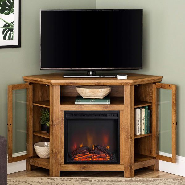 Corner Electric Fire Logs TV Storage Stand in Black, White Wood