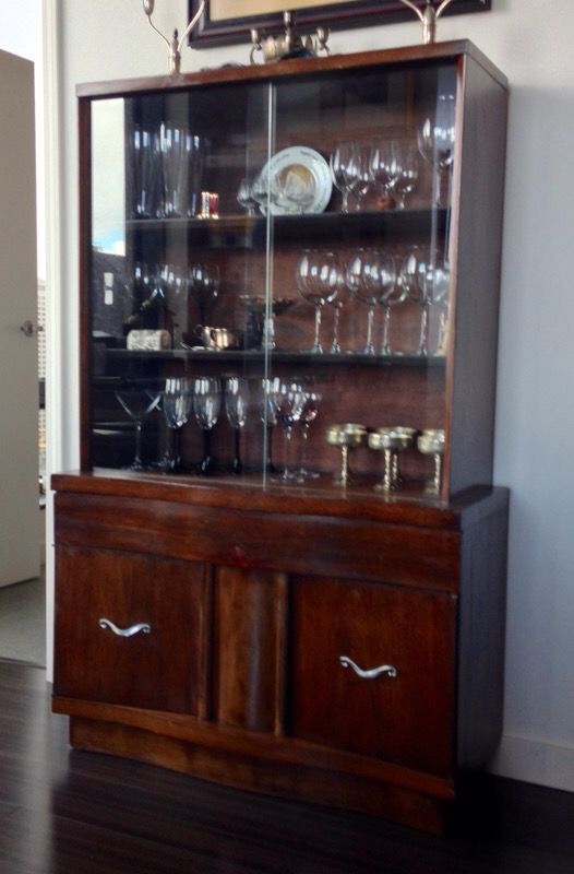 CHINA CABINET 1940's WALNUT WOOD w/SLIDING GLASS DOORS for Sale in ...