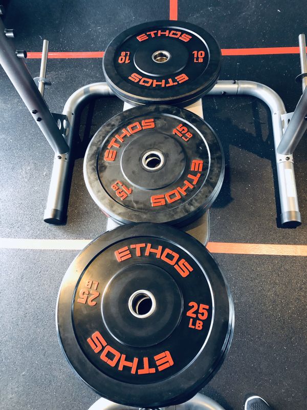 PENDING Ethos bumpers and gold’s gym squat rack and bench