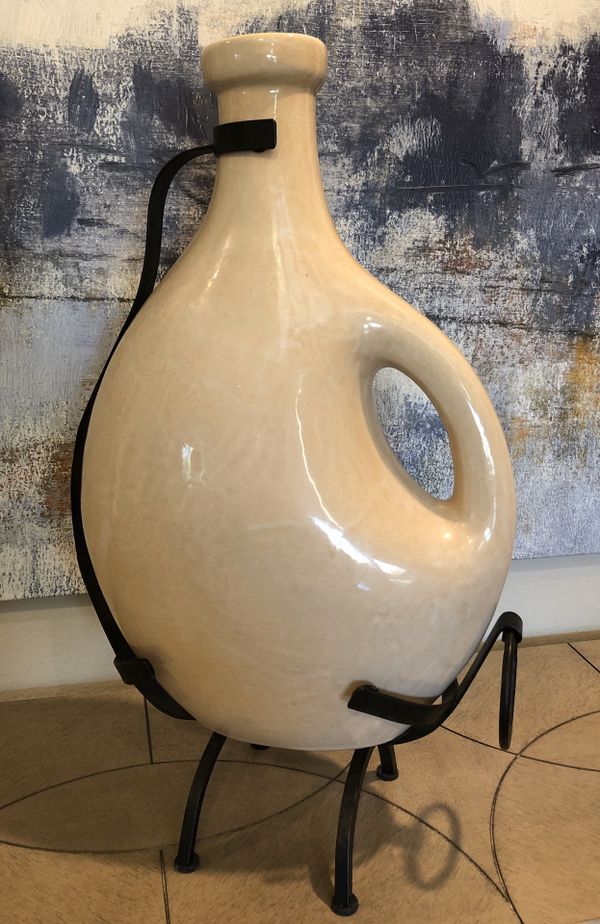 Large Vintage Style Cream Ceramic Jug Vase Pottery and Black Iron Metal