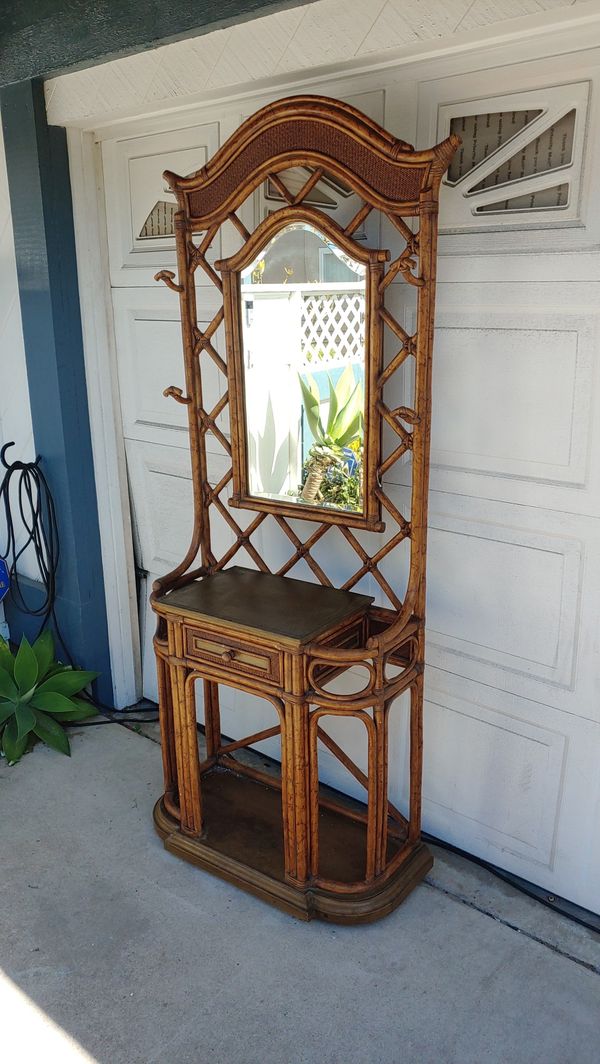 Bamboo Rattan mirrored hall tree with single drawer for Sale in Orange