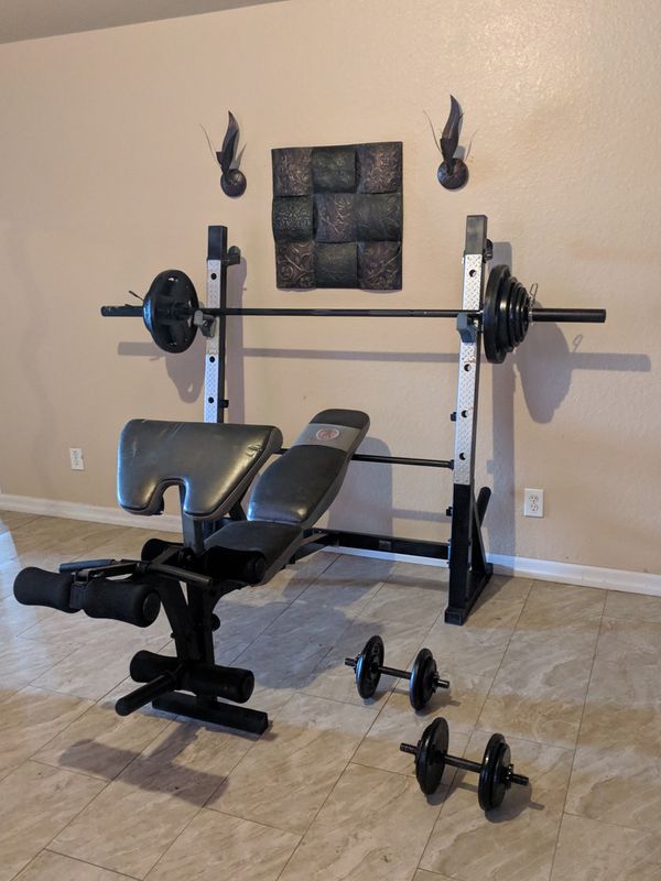 Bench press, squat rack, Olympic barbell, dumbbells, weights for Sale