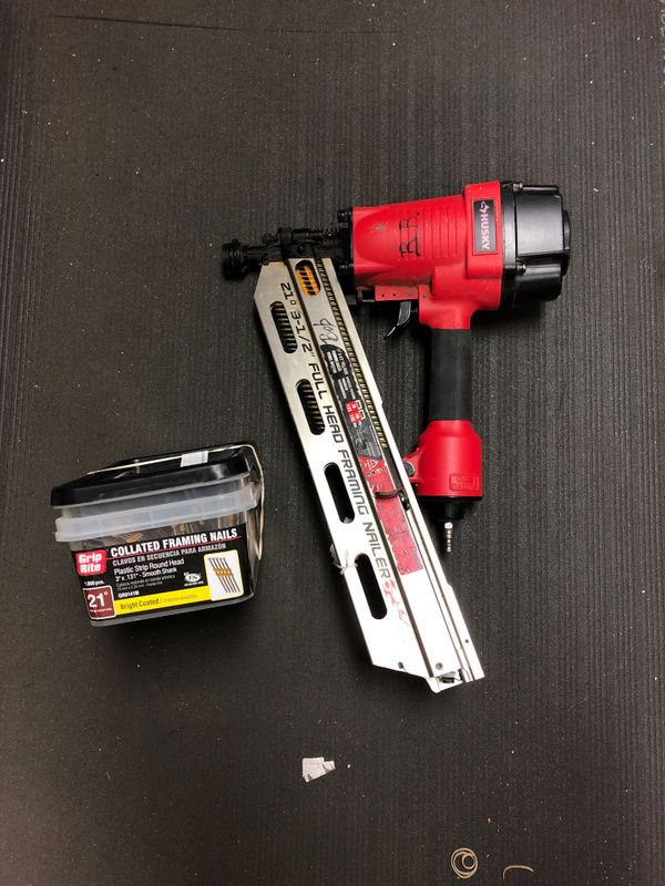 Husky hfr2190 nail gun with grip rite framing nails for Sale in