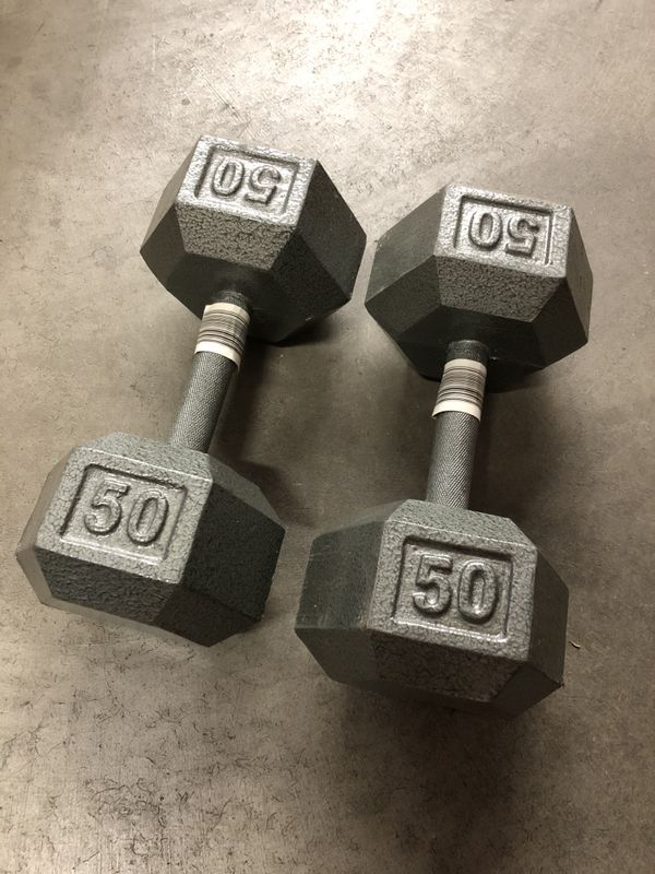 Set of 50 lb Hex Gray Cast Iron Dumbbells for Sale in Vernon Hills, IL
