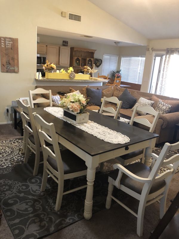 Farmhouse Dining Table Dinner Kitchen Dinning Set Seats Farmhouse Dining Table Dinner Kitchen Dinning Set Seats 6 Six Chairs Cream Wood