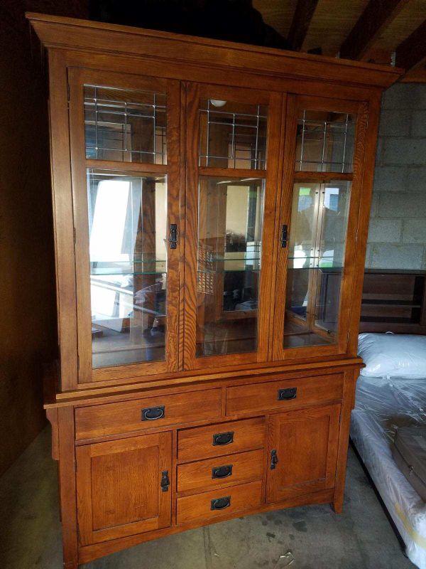 Mission Style Two Piece Lighted Wood China Hutch Buffet Set for