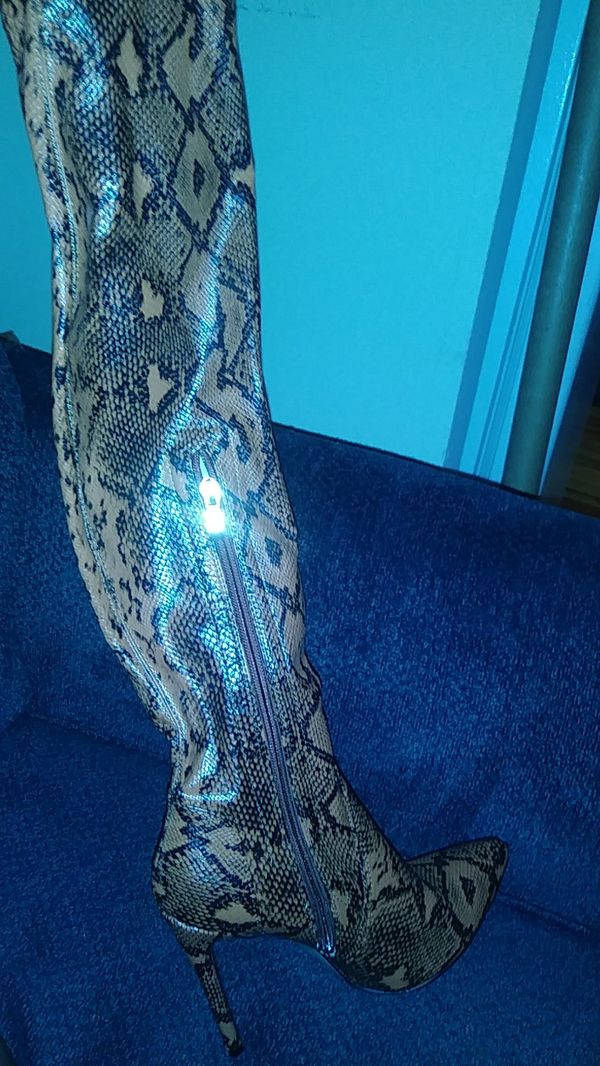 orange snakeskin thigh high boots