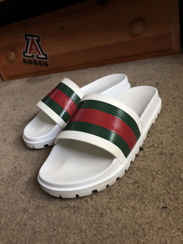 white gucci web slides