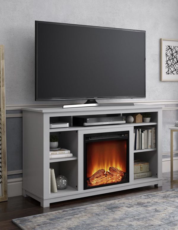 Light Gray TV Stand with Electric Fireplace and Heather fits up to 55
