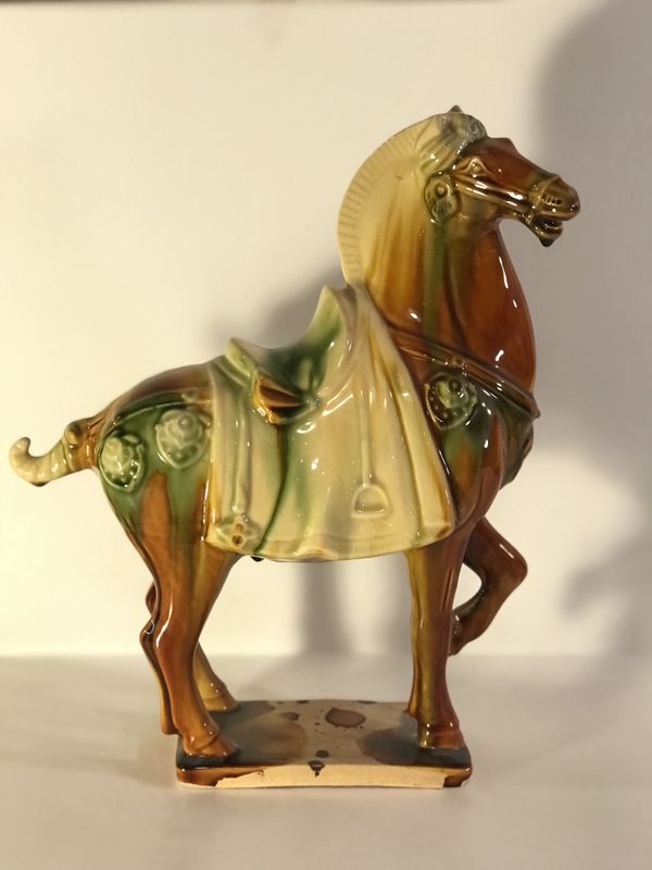 15” Vintage Chinese Tang Sancai glazed three color war horse figurine ...