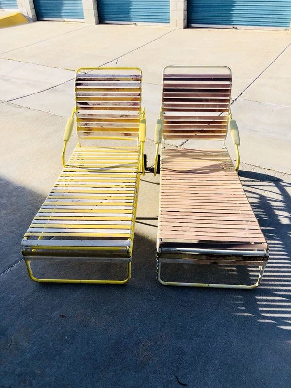 Vintage 70s Metal Vinyl Strap Patio Lawn Chair Loungers (Set of 2) for