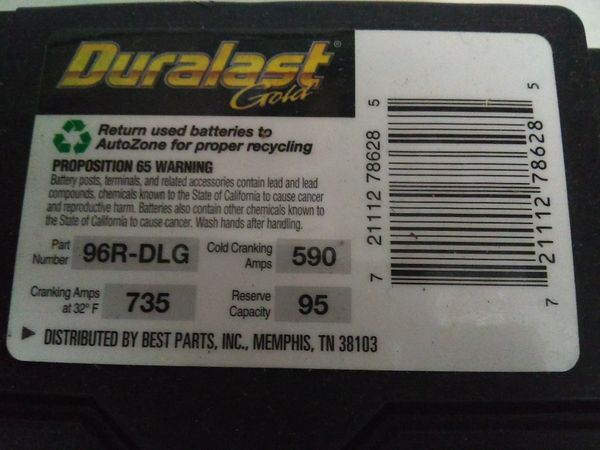Duralast Gold Battery Part Number 96r Dlg Cold Cranking Amps 590