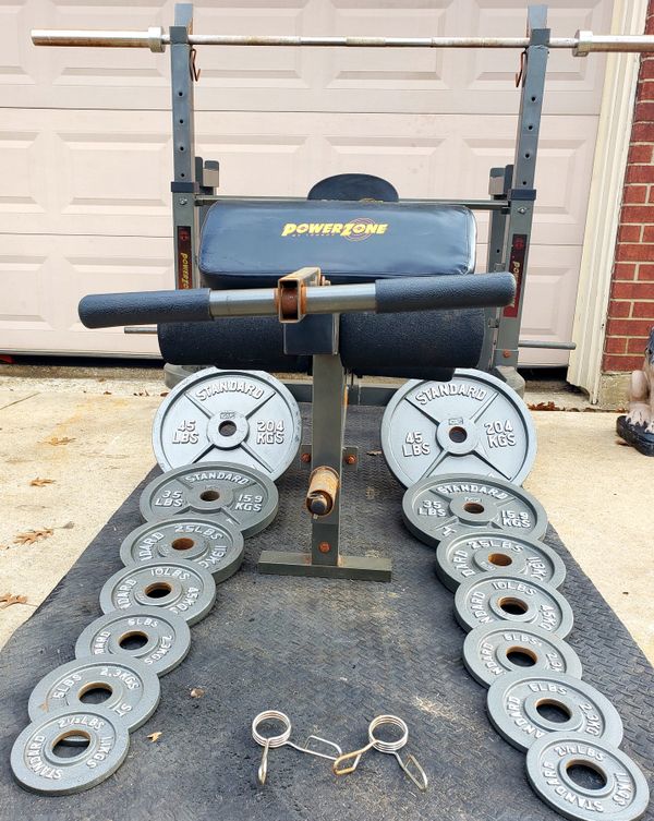 300 POUND WEIGHT SET, OLYMPIC BAR, PREACHER CURL ATTACHMENT, LEG RAISE