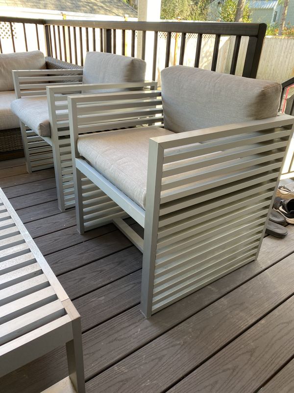 Restoration Hardware Cadiz Patio Furniture Armchairs and Table for Sale