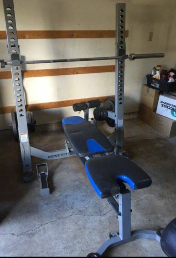 Nautilus Folding Bench Press/Squat Rack, Olympic Bars, and Weights for