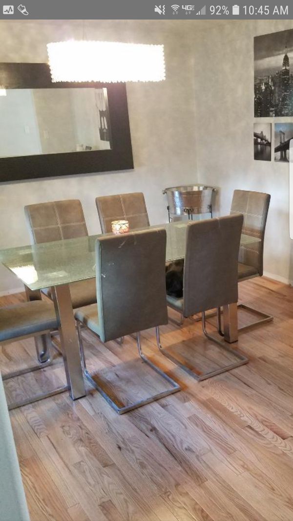 Cracked glass dining room table and 6 chairs for Sale in ...