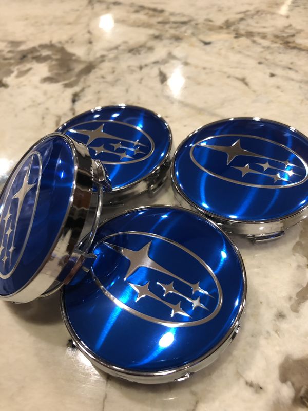Subaru Impreza WRX STI Forester Outback 60mm Blue/chrome Center Caps