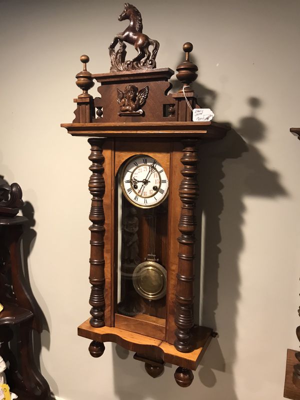 Antique German Pendulum Wall Clock With Beautiful Wood Carvings & Chime ...