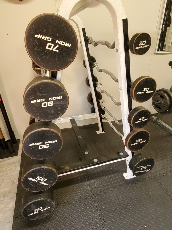 Iron Grip EZ Curl fixed barbell set 20110lbs includes Rack for Sale in