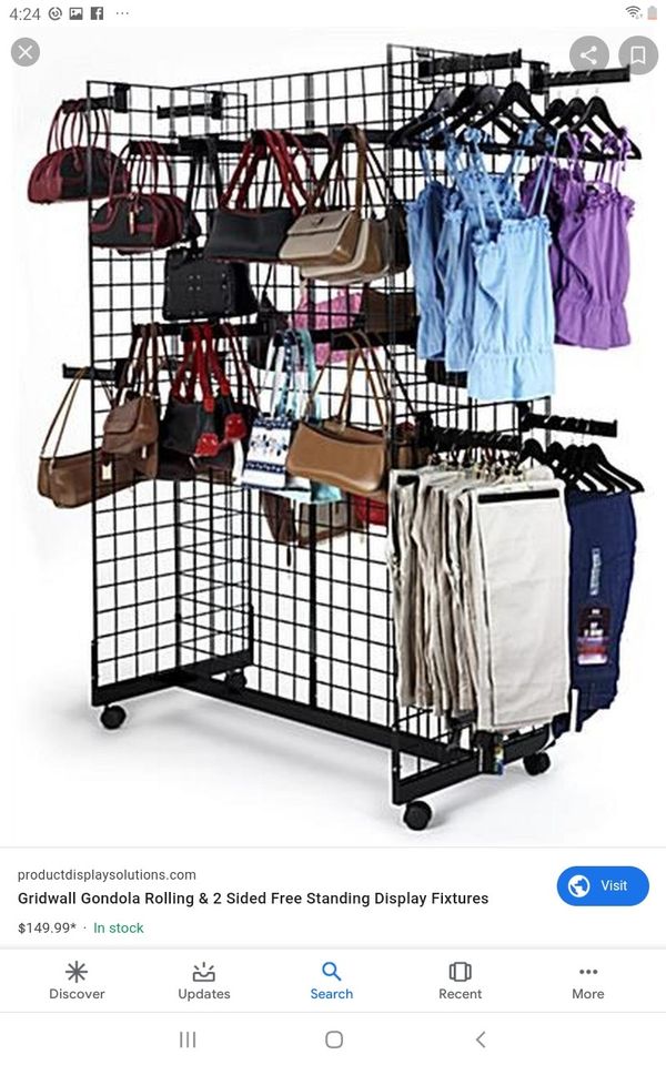 Black grid gondola Display rack metal 4 wheels 2 feet wide x 64 inches
