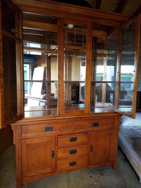 Mission Style Two Piece Lighted Wood China Hutch Buffet Set for