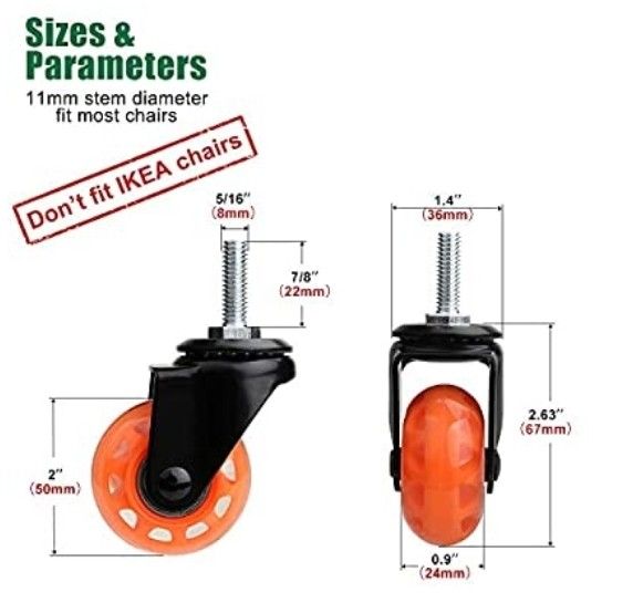 Replacement Office Chair 2 inches Screw stem M10 Caster Wheels 3/8