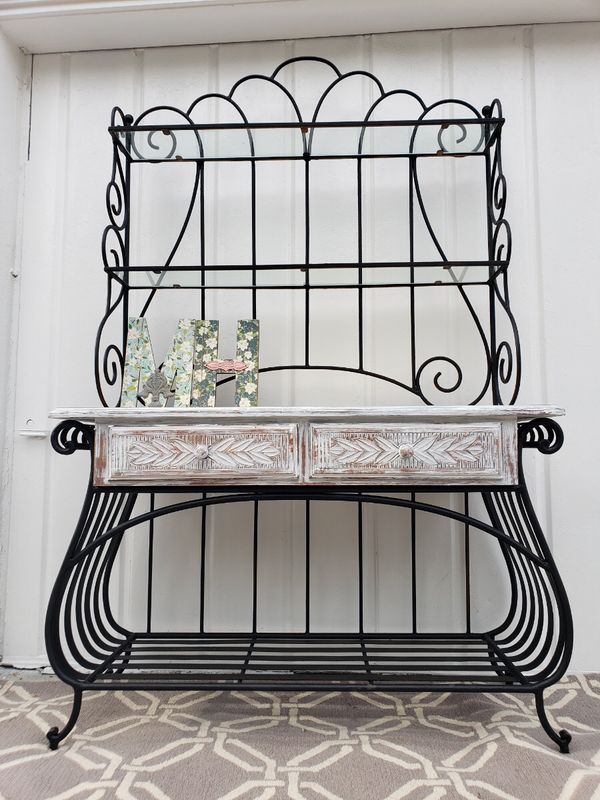 Farmhouse Style Wrought Iron Bakers Rack with Solid Wood Top and