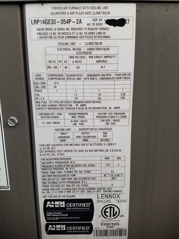 Lennox 2.5 ton AC Gas package unit. Still under manufacture warranty ...