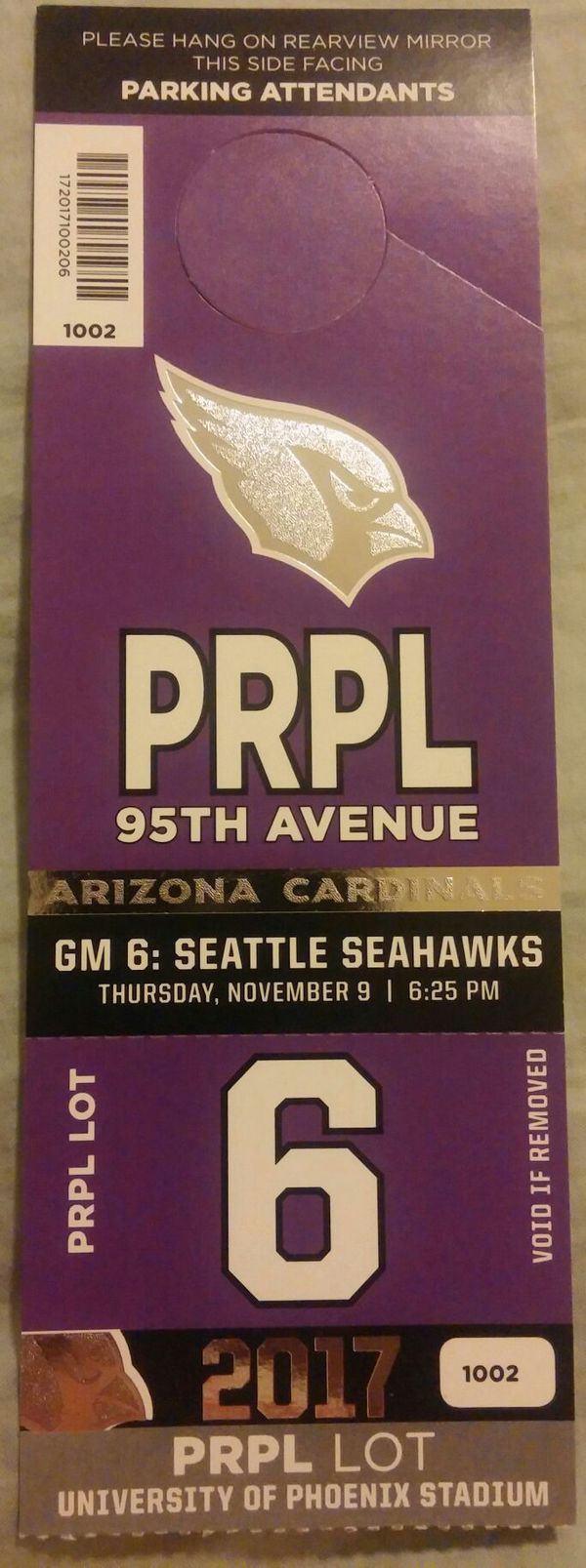 Seattle Seahawks vs Arizona Cardinals (2) Purple lot Parking Passes - (games 6-10 available) for ...