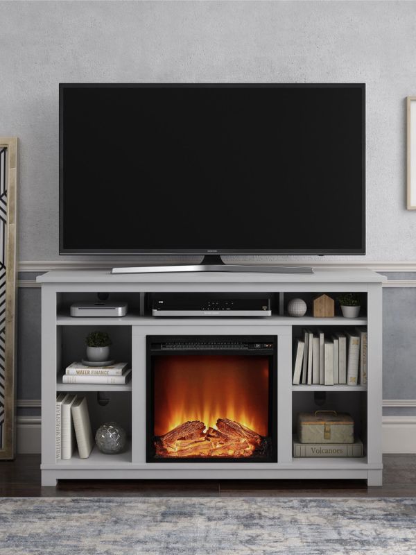 Light Gray TV Stand with Electric Fireplace and Heather fits up to 55