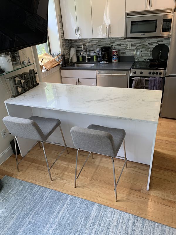 CB2 White Marble Top Kitchen Island + CB2 Fabric Bar Stools for Sale in