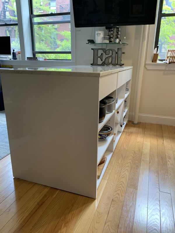 CB2 White Marble Top Kitchen Island + CB2 Fabric Bar Stools for Sale in
