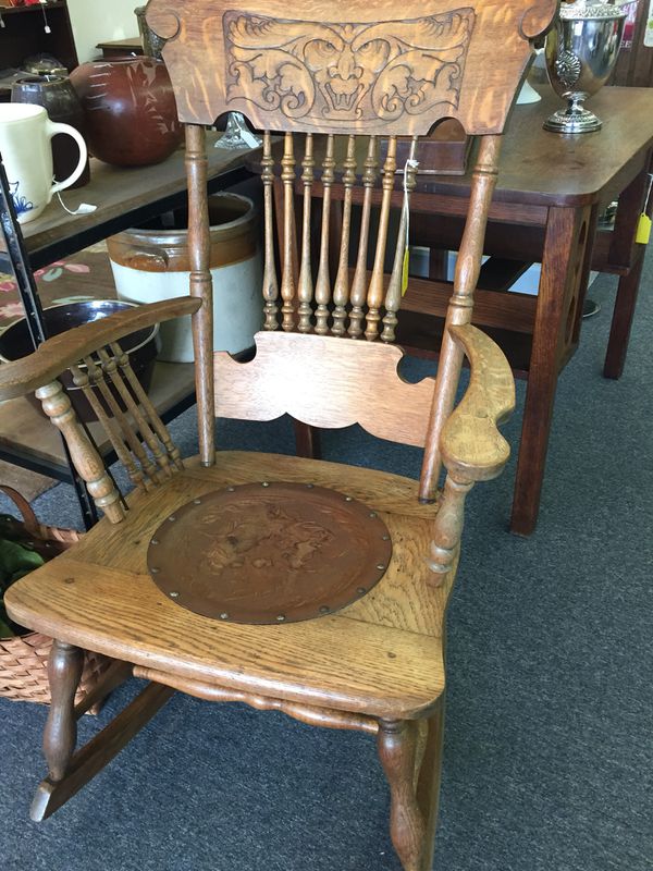 Antique Oak Rocking Chair W Carved Face Leather Seat For Sale In