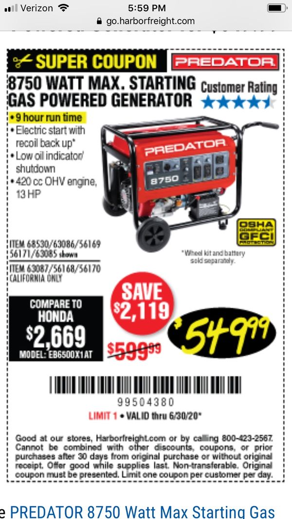 Predator generator 8750 peak watts for Sale in Rialto, CA - OfferUp